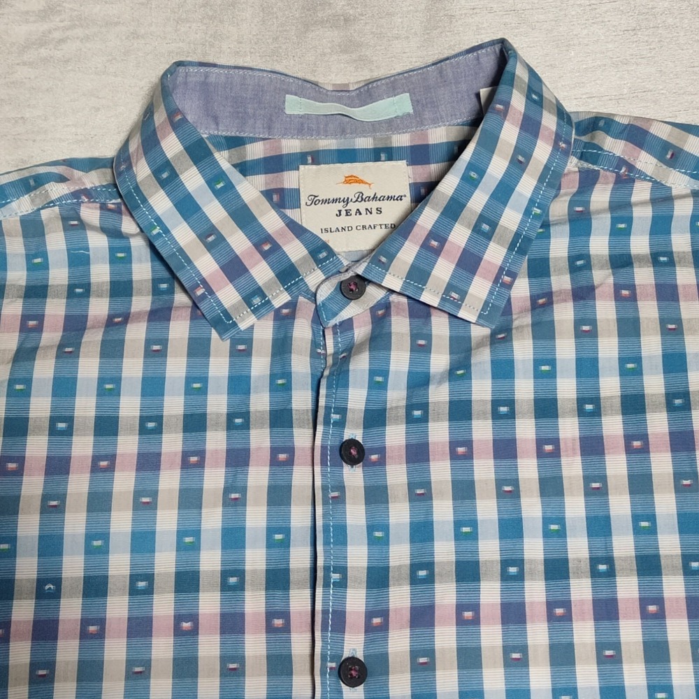 TOMMY BAHAMA JEANS ISLAND MODERN‎ FIT Men XL Blue Geo Check Cotton Shirt EUC - Picture 2 of 15